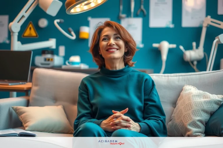 A woman sitting on a couch, smiling at the camera in an office setting with medical equipment visible around her. She wears a dark green suit and has red hair.