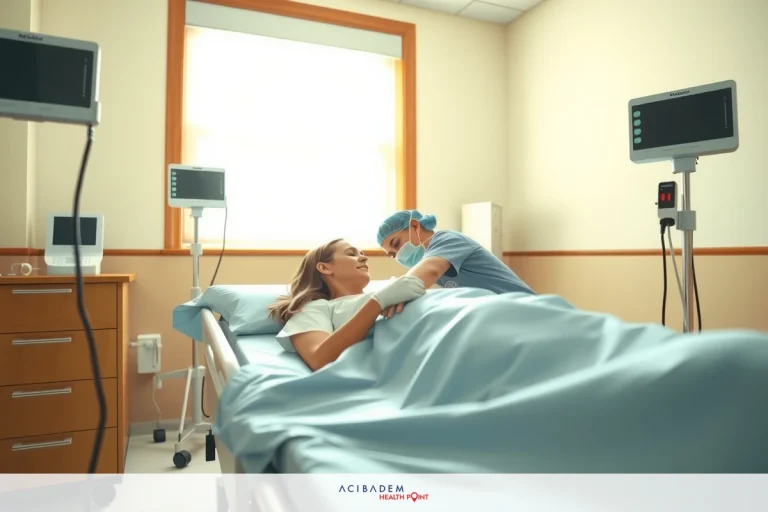 The image depicts a hospital room scene with a patient lying in bed, receiving care from a healthcare professional. The environment is clinical with medical equipment. The focus of the image is on the interaction between the two main characters, conveying a sense of medical attention and support.