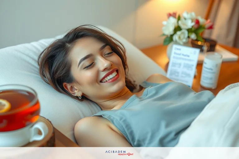 What Helps Rhinoplasty Swelling Woman lying on bed, smiling and seemingly relaxed. Cup of tea next to her, suggesting a cozy, tranquil environment. Soft, natural lighting gives the scene a peaceful and comforting ambiance.