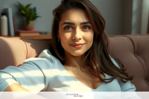 A young woman is seated on a beige couch with sunlight shining onto her face. She has long brown hair, a neutral expression and is looking directly at the camera. Her attire consists of a casual white top. The setting appears to be an indoor living room during daytime.
