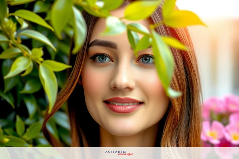 How to Remove Rhinoplasty Scar A woman with a pleasant smile, surrounded by nature. She is in front of pink flowers and green foliage, suggesting a sunny day outdoors.