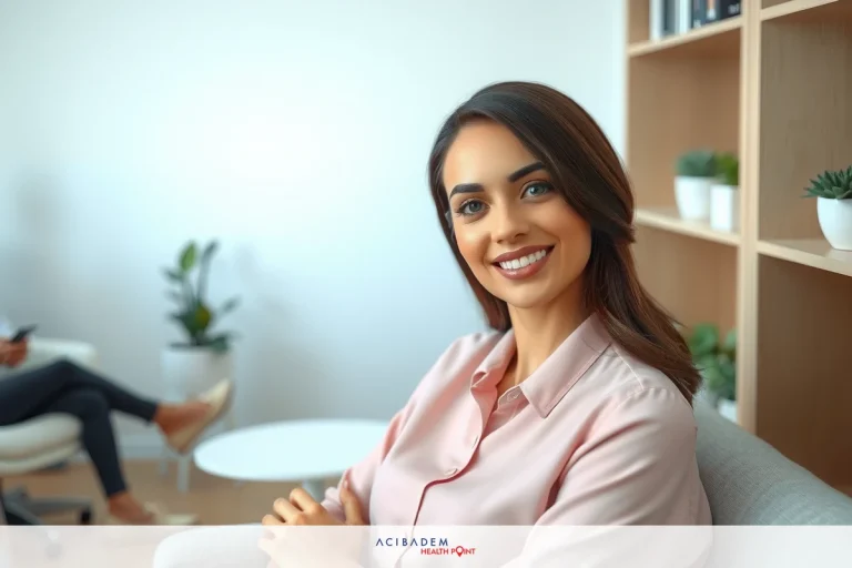 What are the Benefits of an Ethnic Rhinoplasty A professional image of a smiling woman in an office setting, with modern furniture and plants adding to the environment.