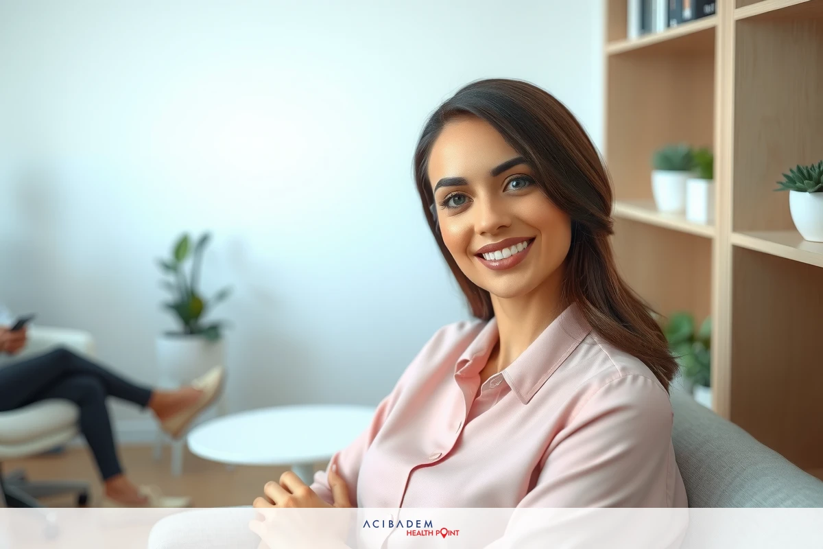 A professional image of a smiling woman in an office setting, with modern furniture and plants adding to the environment.