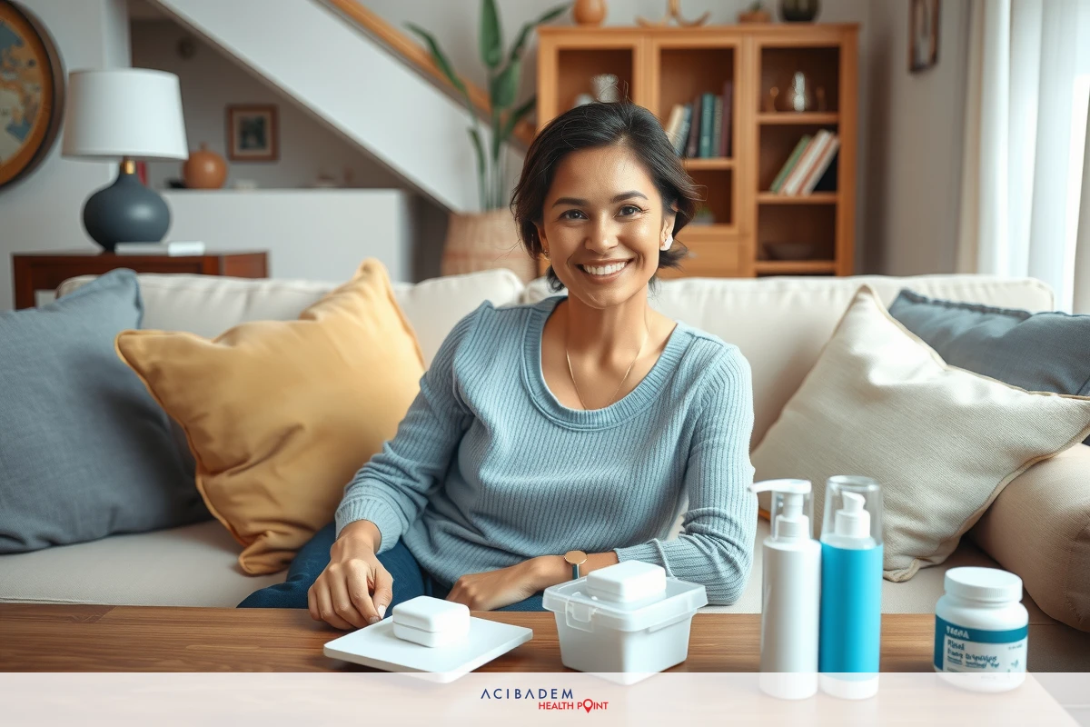 A woman sitting on a couch with an array of skincare and cleaning products in front of her, possibly discussing wellness or nutrition.