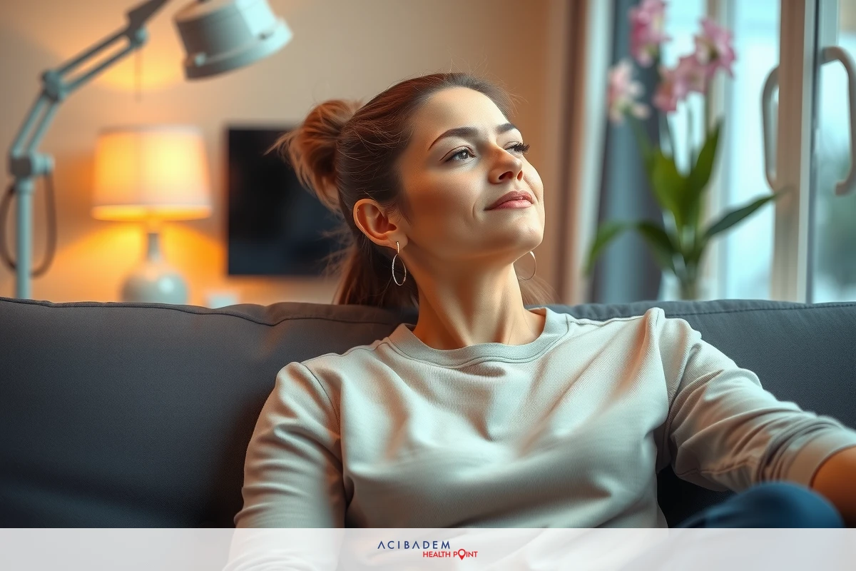 The image depicts a woman seated on a couch in an indoor setting. She is wearing a light-colored top and has her hair pulled back into a bun. The room appears to be a cozy living area with soft lighting and neutral colors that create a calm atmosphere.