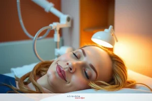 A woman lying on a hospital bed with her eyes closed, potentially undergoing medical treatment. The room is equipped with medical instruments and the lighting casts a warm glow.