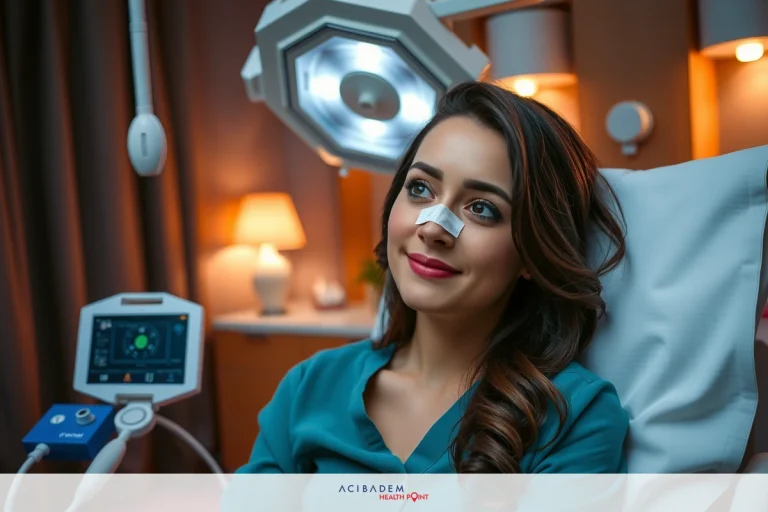What Happens During a Rhinoplasty Procedure In the image, a young woman is seated in an examination chair with her head resting comfortably on its back. She appears to be receiving medical attention or treatment that could involve the use of surgical instruments nearby. The environment suggests a clinical or hospital setting.