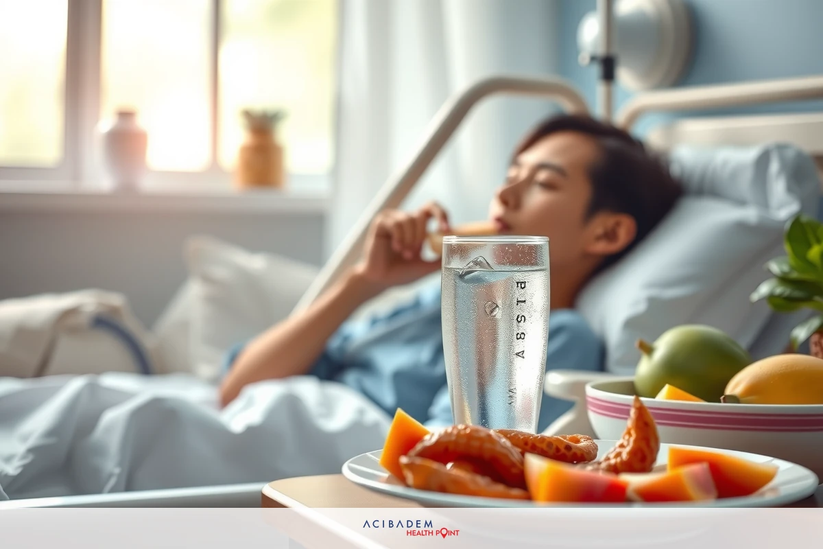 The image depicts a young man in a hospital bed, possibly during his recovery or receiving treatment. There are various food items and drinks on the table, suggesting that he is being provided with nutritious sustenance to aid in his wellbeing.
