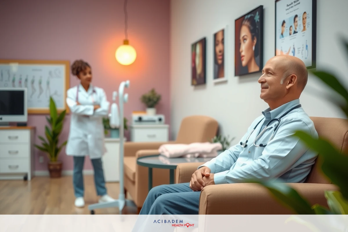 Medical office environment with two doctors engaged in conversation. One seated on a couch and the other standing beside, possibly giving medical advice or discussing patient case.
