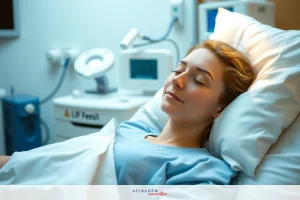 The image shows a woman lying in a hospital bed, wearing an open gown. She appears to be resting with her eyes closed. Around the bed, there are medical devices and equipment, indicating she is in a clinical setting likely for health monitoring or treatment. The environment suggests a calm, sterile atmosphere typically associated with hospital care.