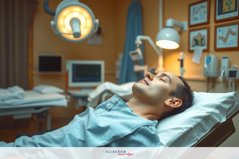 What is the Downtime for Revision Rhinoplasty Surgery The image depicts a man lying on a hospital bed with his head elevated, possibly for medical reasons. The room has clinical equipment and medical supplies indicative of a medical environment.