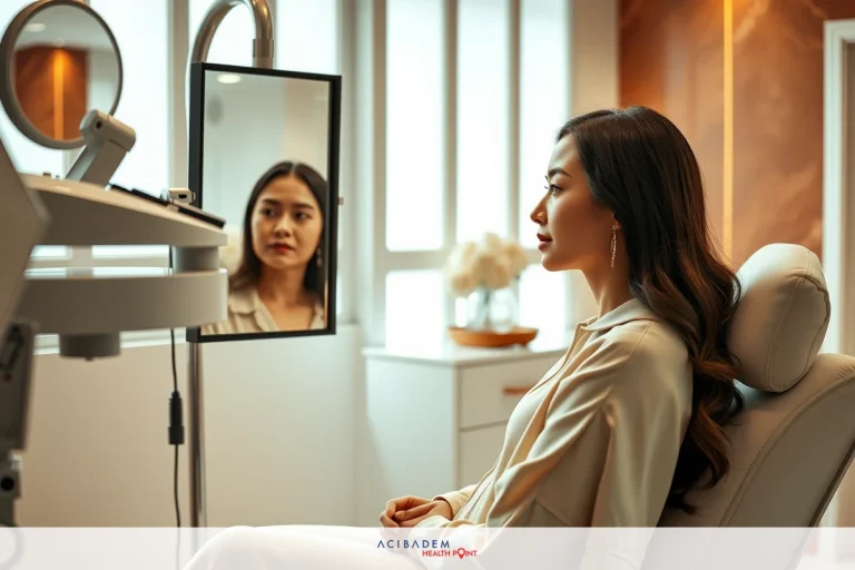 Is Rhinoplasty Good? A woman sitting in a chair looking at a mirror, being checked by a surgeon. A modern and clean surgeon office setting.