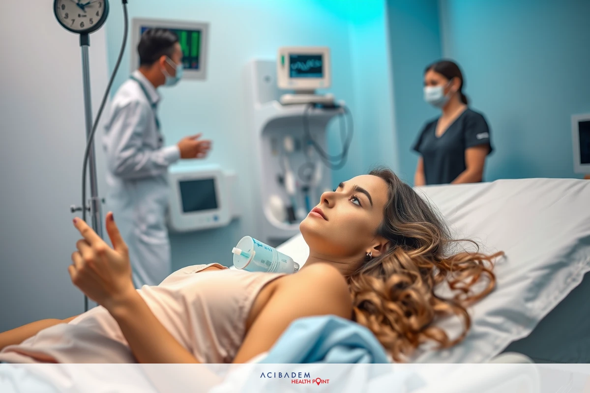 A young woman lying in a hospital bed with medical staff around her. The scene appears to be set in an hospital room, indicated by the presence of medical equipment and personnel.