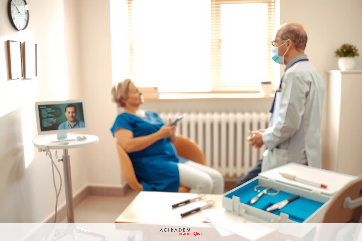 An elderly woman seated in a medical office with a doctor, discussing health concerns.