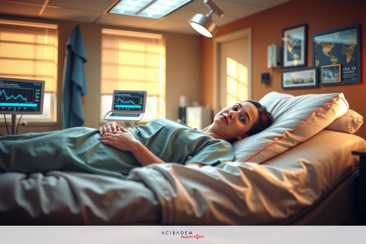 The image depicts an interior hospital room with medical equipment and monitoring devices. A patient is lying in a hospital bed, wearing a gown and appears to be resting or receiving care. The focus is on the patient and their immediate environment within a clinical setting.