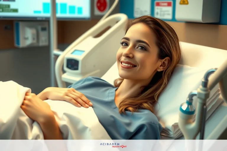 A smiling woman in a hospital bed with medical equipment and devices around her. She is resting comfortably, suggesting she may be the patient.