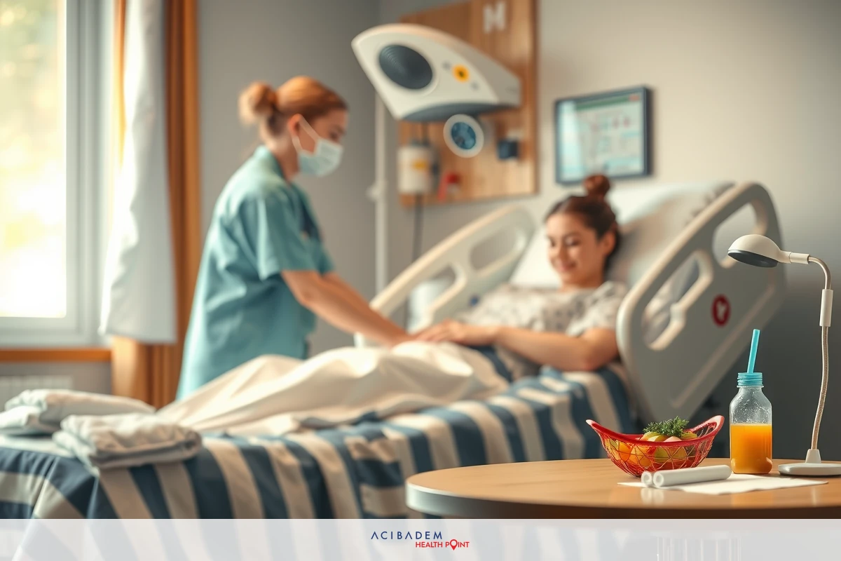 Healthcare professionals in medical setting during a routine checkup. A nurse and a patient, likely an expectant mother, are interacting with each other in a modern, well-lit hospital room.