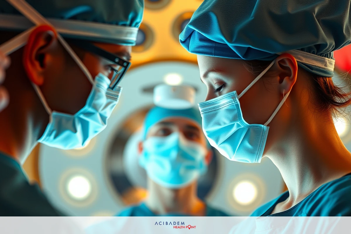 Medical professionals wearing surgical masks and scrubs in an operating room, with a patient on the table. The focus is on teamwork and medical care.
