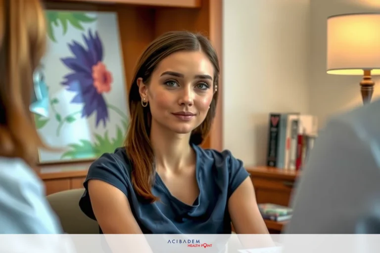The image features a woman sitting at a desk in an office environment. She is engaged in a conversation, possibly with her employer or manager, as suggested by their proximity and the formal setting. The woman appears focused on the discussion at hand. Her attire consists of professional business clothing and she carries a neutral expression on her face.