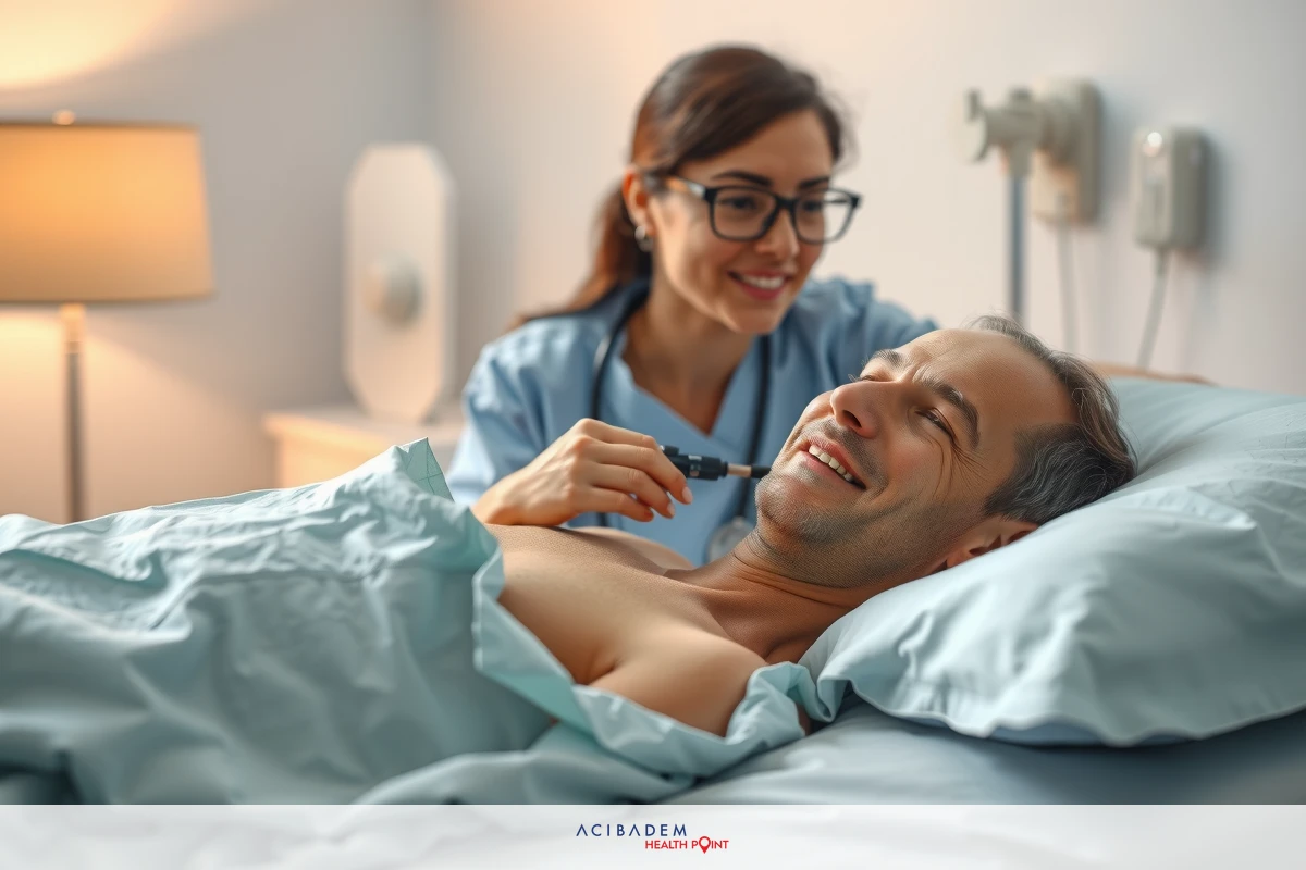 A man laying in a hospital bed receives care from a female nurse. The nurse is smiling. The room appears to be well-lit with white walls, and the medical equipment suggests a professional environment.