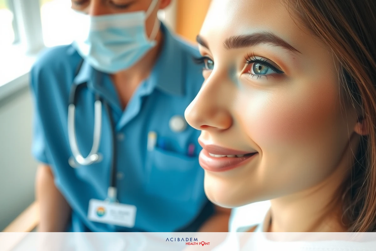 The image shows a woman smiling at the camera, possibly in a medical setting. A healthcare professional is present with protective gear on, suggesting a professional environment such as a hospital or clinic. The scene has a relaxed and welcoming atmosphere.
