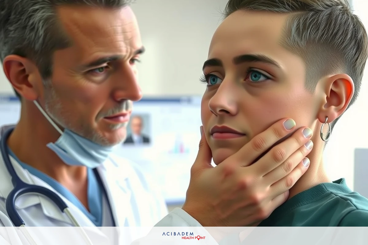 The image shows a medical professional, possibly a doctor or nurse, performing an examination on a patient. The paramedic is seen wearing a surgical mask and placing his hands on the patient's face. The patient is seated in what looks like a medical or healthcare setting, with clinical furnishings visible in the background.