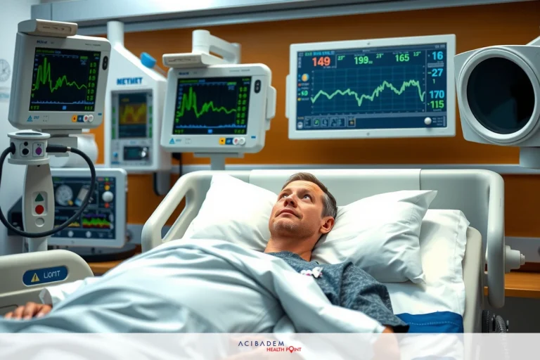 The image shows a hospital room with medical equipment. A patient is lying on the bed, hooked up to various monitors and machines that are commonly used in intensive care or critical care settings. The monitors display heart rate, blood pressure, and possibly other vital signs. The environment suggests a clinical setting designed for patient monitoring and care.