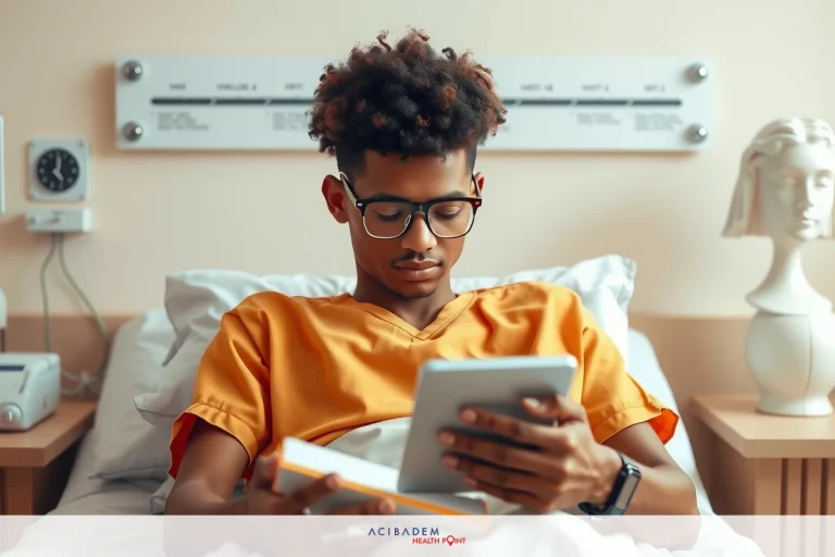 The image features a young man, lying in hospital bed. He is wearing a yellow patient's gown and is focused on his cell phone. The background includes medical equipment and a head sculpture, suggesting that this scene might be set in a clinical environment, perhaps during a break in his studies or work.
