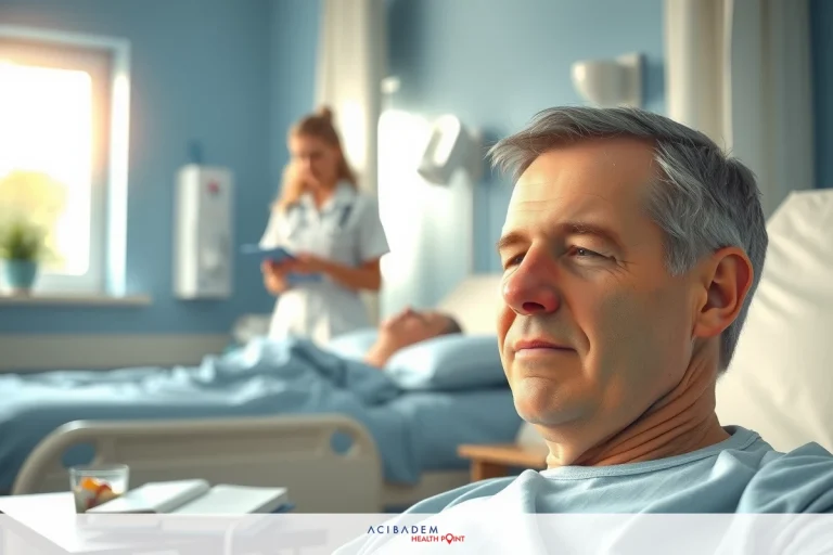 The image shows a hospital room with medical personnel. In the foreground, there is a patient lying on a bed wearing medical attire. A nurse stands to one side of the room holding what appears to be a clipboard or a tablet. The room has a clinical look with light blue walls and medical equipment visible in the background.