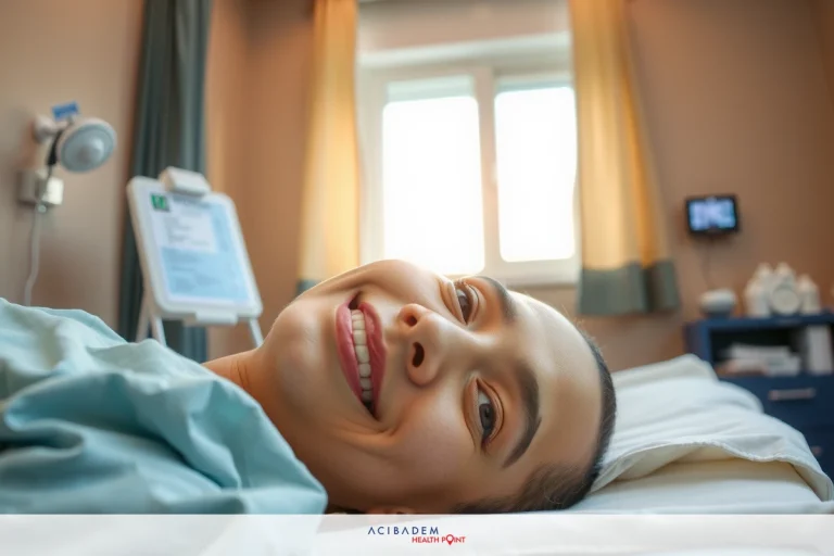 When Can I Stop Taping My Nose After Rhinoplasty The image shows a smiling person lying in a hospital bed, suggesting they may be undergoing or recovering from medical treatment. The individual has short hair and is wearing a light-colored top, which could possibly indicate the patient's attire. The hospital room appears to be well lit with natural light coming through windows, indicating it might be daytime. There are typical elements of a hospital setting such as medical equipment and monitors.