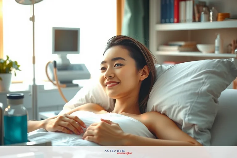 When Does Tip Swelling Go Down After Rhinoplasty? The image shows a woman lying in a hospital bed. She is smiling and appears to be comfortable, surrounded by medical equipment typical of a healthcare setting. The colors are neutral with soft lighting. The context suggests she might be recovering from an illness or undergoing treatment.