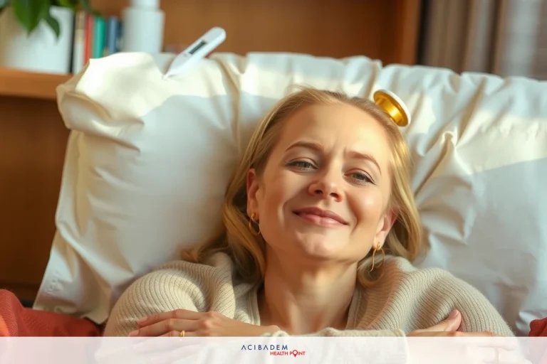 A woman is lying in bed, smiling and looking directly at the camera. She appears to be comfortable and content, with her arms crossed under her chin. Her surroundings include a cozy environment with warm lighting that suggests a relaxed home setting.