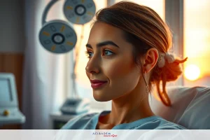 A smiling woman lying in a hospital bed, surrounded by medical equipment. The room has a warm sunset glow.