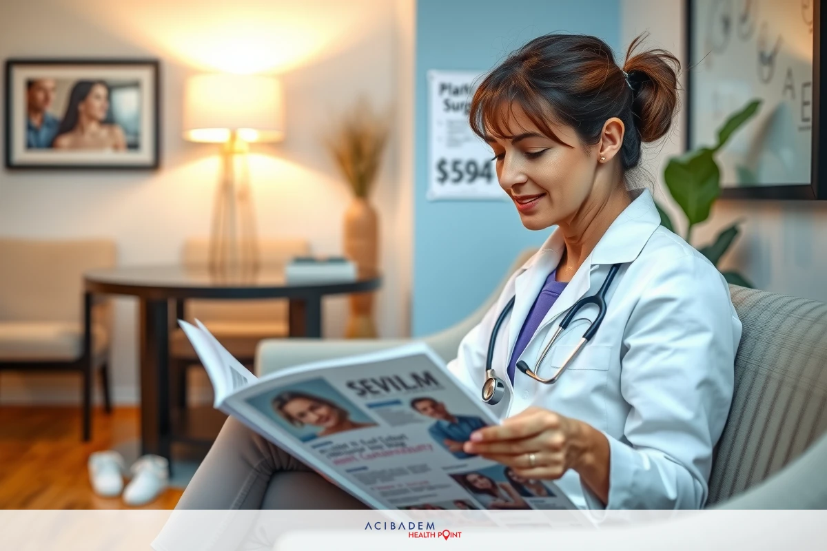 Image of a professional female doctor, likely a dermatologist given her white coat and medical equipment in the background. She is sitting on a couch, reading a magazine, indicating a relaxed environment despite being at work.