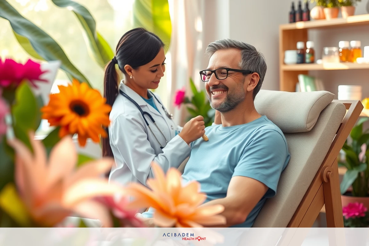 A doctor, wearing a white coat and stethoscope, is checking on a patient in an examination room. The room has potted plants adding a touch of greenery, and there are various bottles that may contain medication or vitamins.