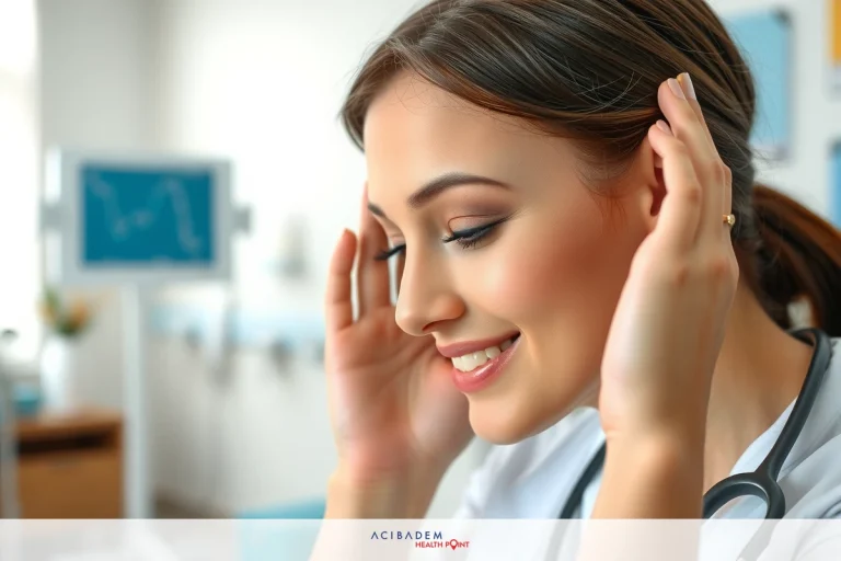 Smiling woman with hand on her face, possibly a doctor or nurse in a healthcare setting.