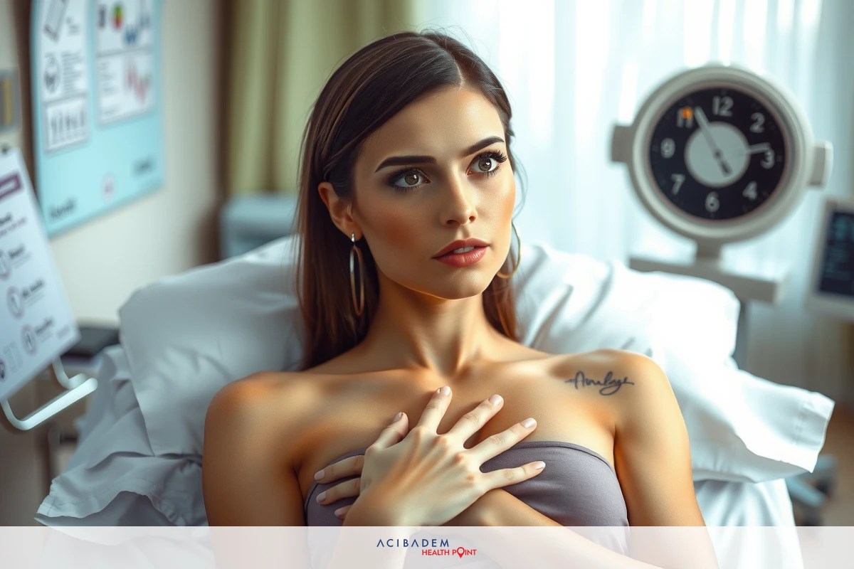 The image depicts a woman lying in a hospital bed, with medical equipment such as monitors. She is holding her chest and appears to be in distress or concern.