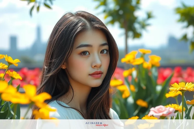 Why Do I Look Like a Pig After Rhinoplasty This is an image of a woman posing in front of a garden. She has long hair and is dressed in a light-colored top with a floral pattern. The garden behind her features a variety of colorful flowers, including yellow ones that stand out prominently in the background. There are trees and buildings that suggest an urban park setting.