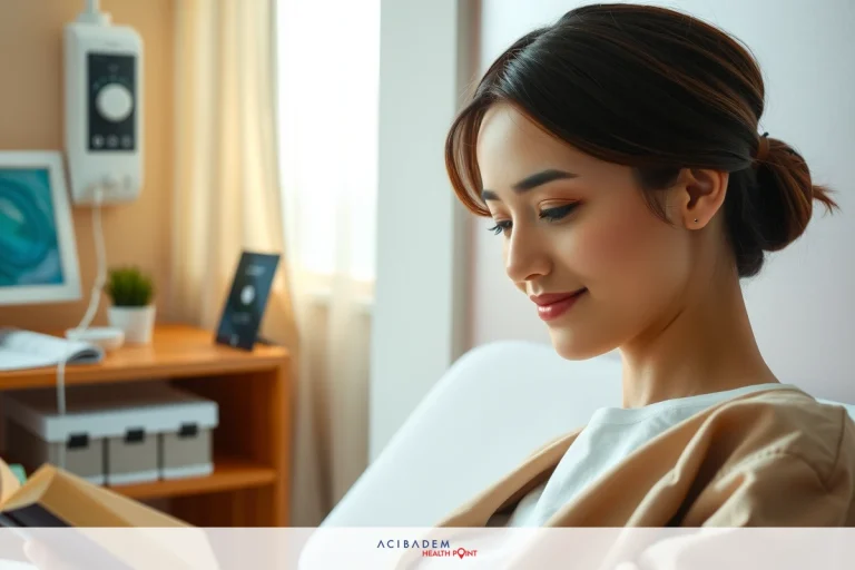 Is Rhinoplasty Very Painful? Woman in hospital bed with book, reading. The image is a close-up of her face and upper torso. She has dark hair, glasses, and a smile. Her attire suggests medical comfort wear.