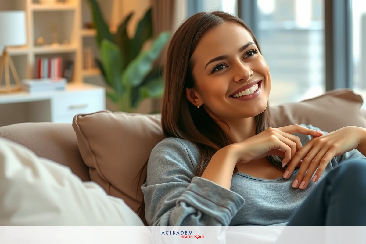 The image shows a woman smiling and sitting on a couch. She appears relaxed and comfortable in her home environment, which includes white walls, floor lamps, and modern furnishings. The room is well-lit with natural light coming through the windows.