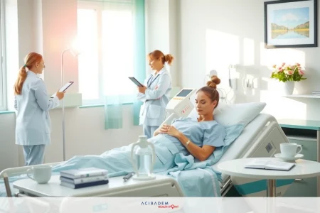 Medical professionals in a hospital setting with sunlight streaming through windows, focusing on two individuals, one of whom is lying down.
