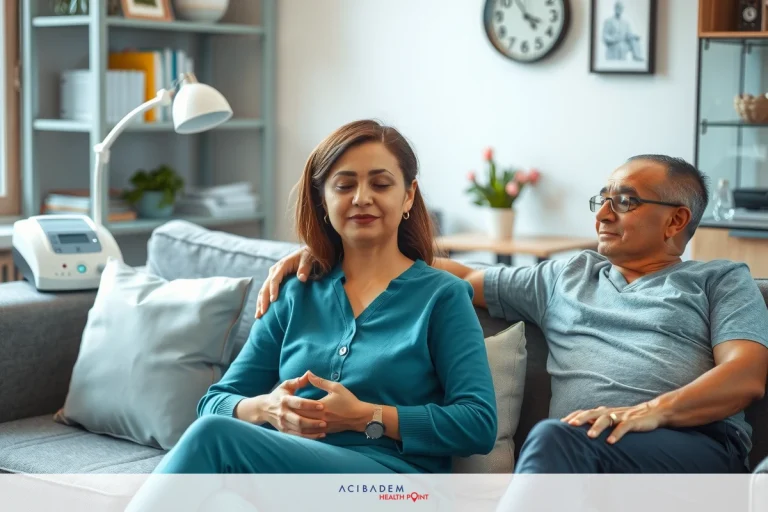 A woman and a man sitting on a couch, smiling and looking at each other. The room has a modern vibe with wood paneling and white walls.