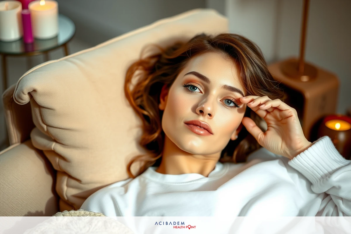 A woman in a comfortable indoor setting, resting her head on her hand with a contemplative expression. The scene has warm lighting and homey ambiance.