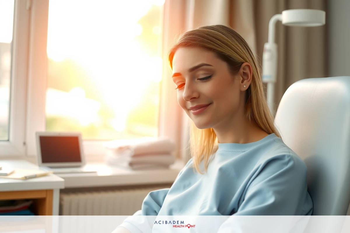 The image shows a woman sitting in a medical examination chair. She appears to be waiting or receiving a health check-up, as suggested by the clinical environment with a window letting in natural light.
