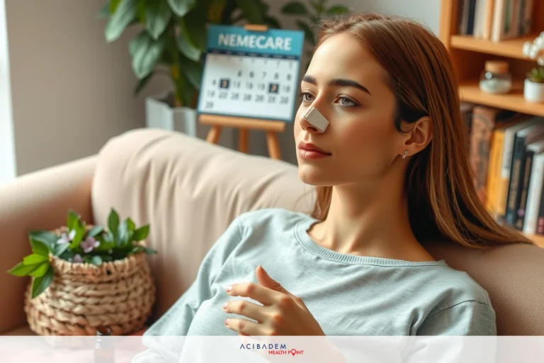 How to Treat Swelling After Rhinoplasty A woman with a nose strip on her face, likely from an allergy or cold, sitting comfortably indoors. She is wearing casual attire.