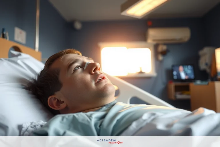 Is it Okay to Yawn After Rhinoplasty The image depicts a young male lying on a hospital bed with medical equipment around him. He appears to be receiving some sort of treatment or monitoring. The environment suggests a clinical setting, likely a hospital room, indicated by the presence of medical gear and a television screen displaying what seems to be informational content.