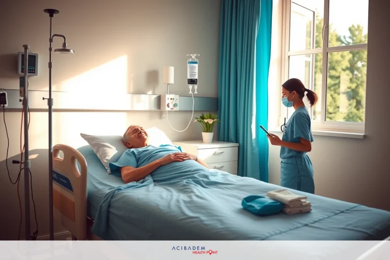 This image depicts a clinical environment where a patient is lying on a hospital bed, likely receiving medical attention. A nurse or healthcare professional stands at the foot of the bed, wearing protective gear including gloves and a surgical mask, suggesting hygiene practices are being followed.