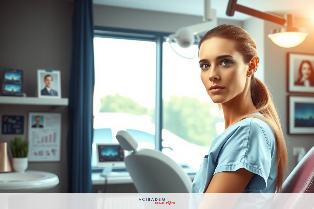 This is a professional image featuring a woman dressed in medical attire, possibly a doctor. She is seated in an examination room setting with modern equipment and bright lighting that creates a clean, clinical atmosphere.