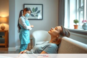 A medical professional, wearing a face mask, attends to a patient lying on a couch. The setting appears to be a well-lit, modern office with large windows allowing natural light in.
