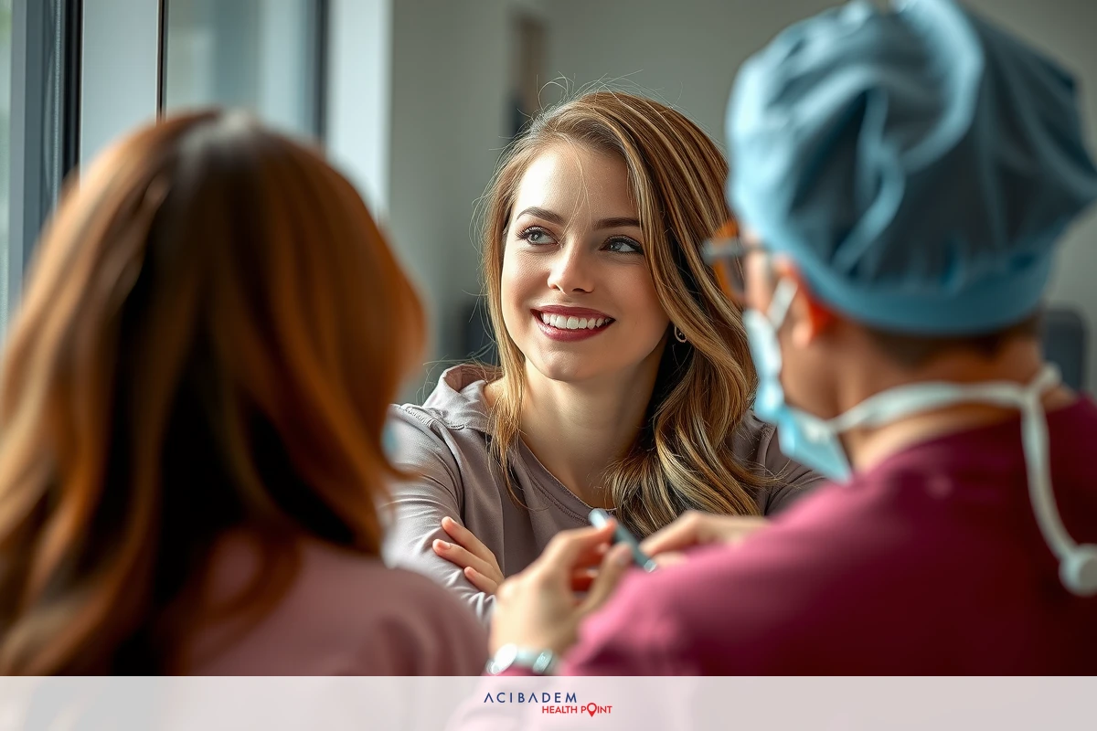 The image shows a woman smiling at the camera while another person is doing something to her face. The setting appears to be indoors, with bright lighting and a clean, modern environment. The color palette is warm with an emphasis on neutral tones.